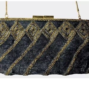 Vintage Waldorf Evening Bag Blue Gold and Silver Beads Made in Hong Kong
